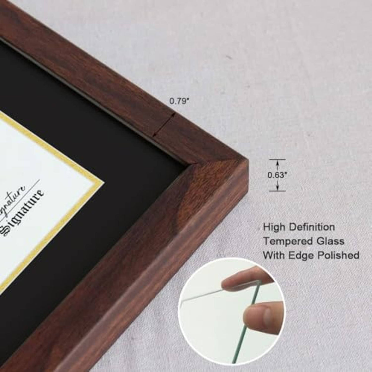 Walnut frame corner with polished edge; clear tempered glass for certificate display