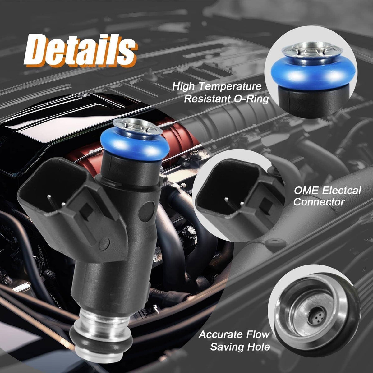 Fuel injectors with blue O-ring seals and electrical connector tips on engine