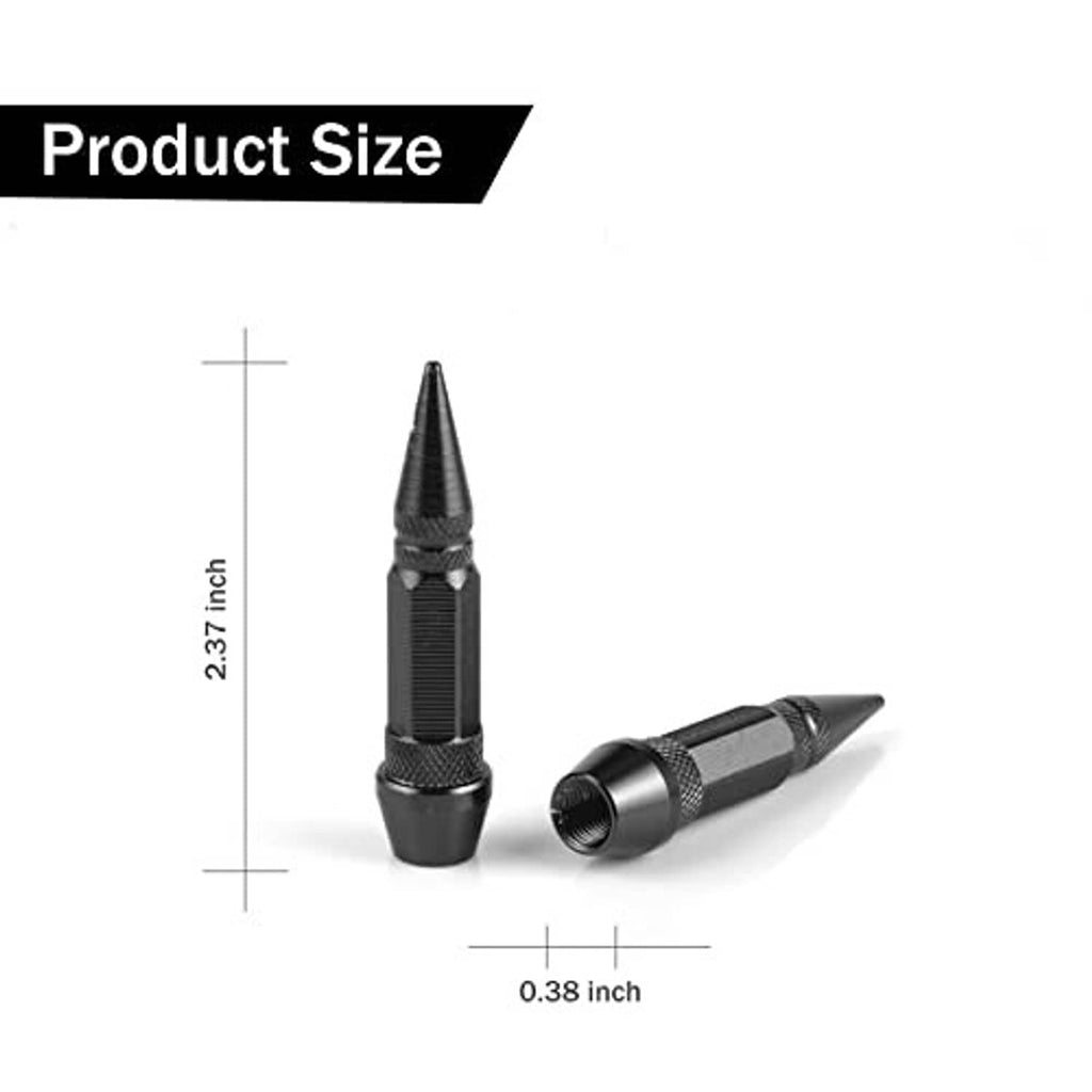 Black 60mm spiked valve caps, about 2.3 in tall and 0.38 in diameter