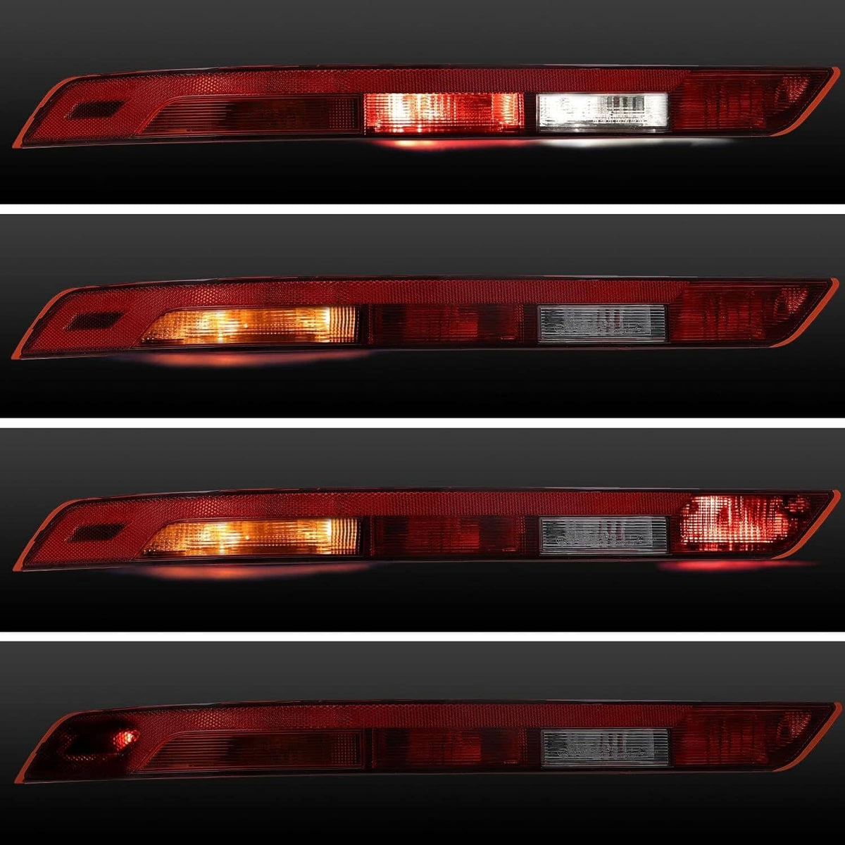 Rear tail light lens with amber and white sections across the light bar