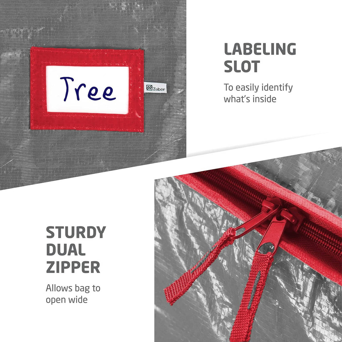 Gray tree storage bag with label pocket, sturdy dual zipper, and red trim