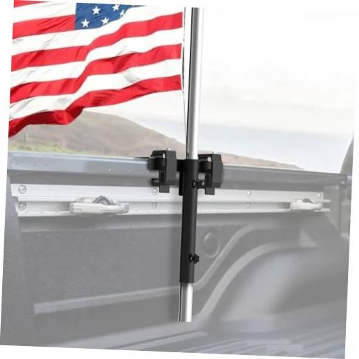 Universal side-mount flag pole holder with black clamp and silver mounting bar