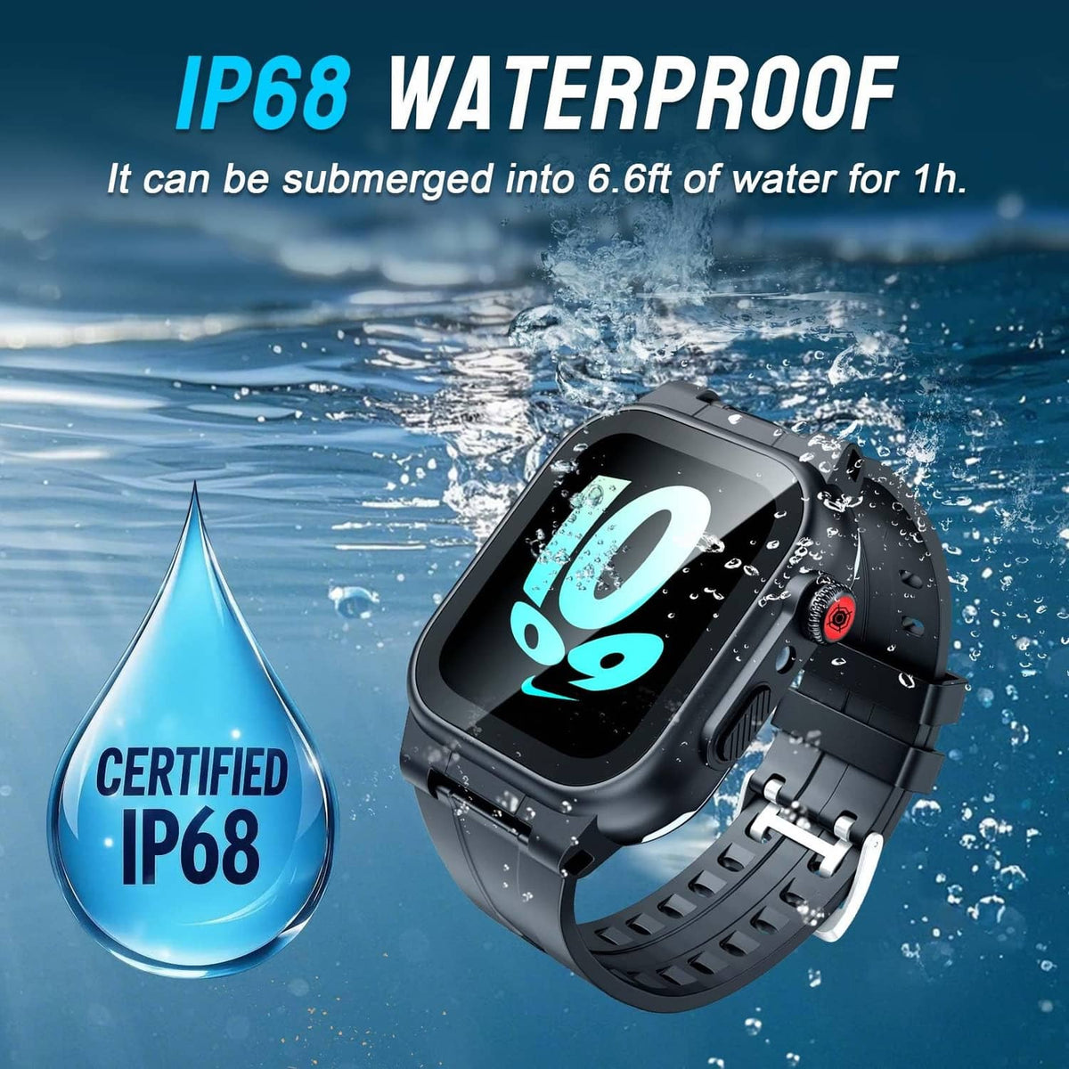 Black IP68 waterproof watch case on dark rubber strap with rugged protective housing