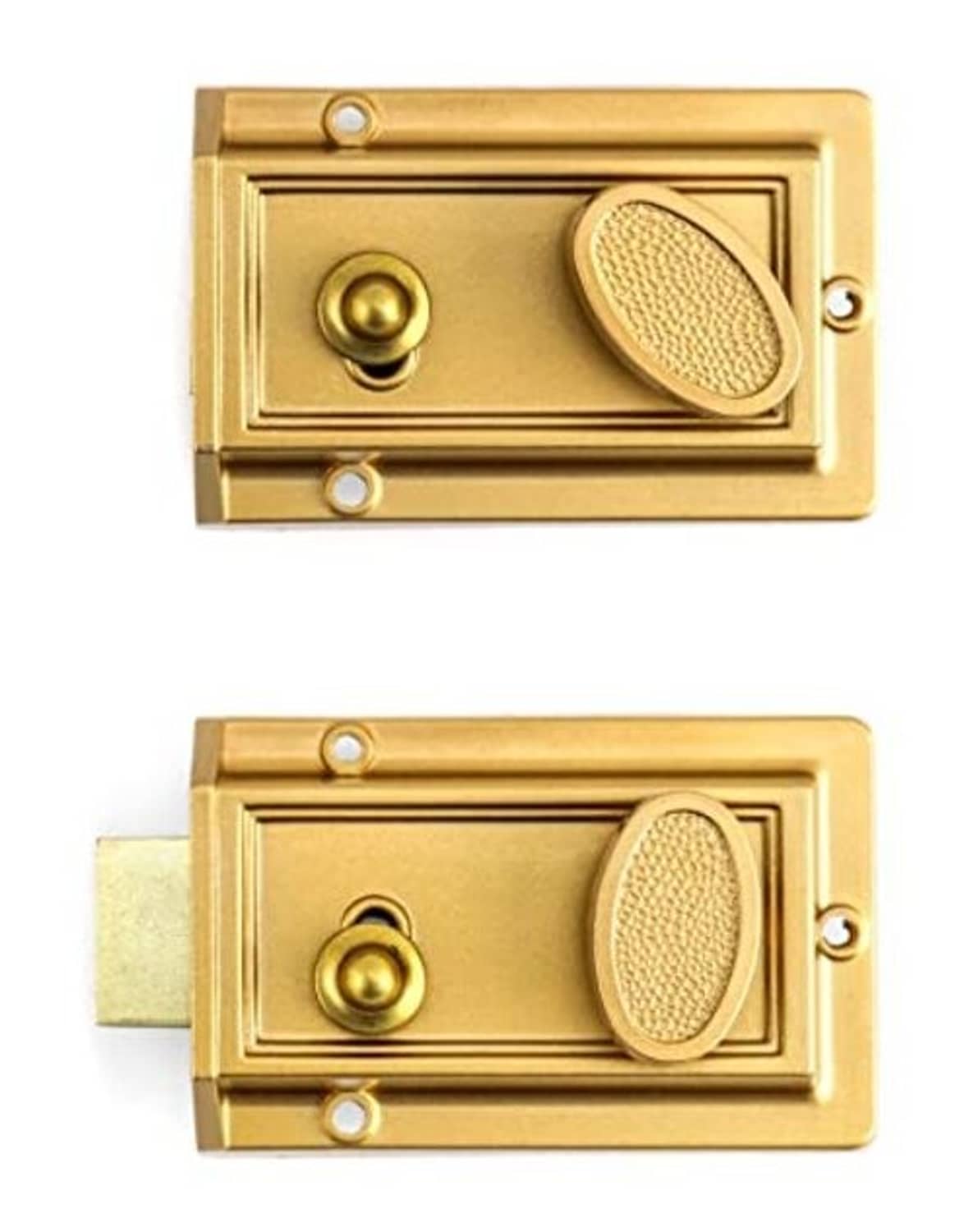 Gold antique rim deadbolt lock set, rectangular plates with round key cylinders