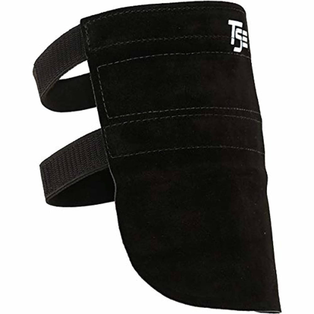 Black leather knee pad with wide strap and TSE logo