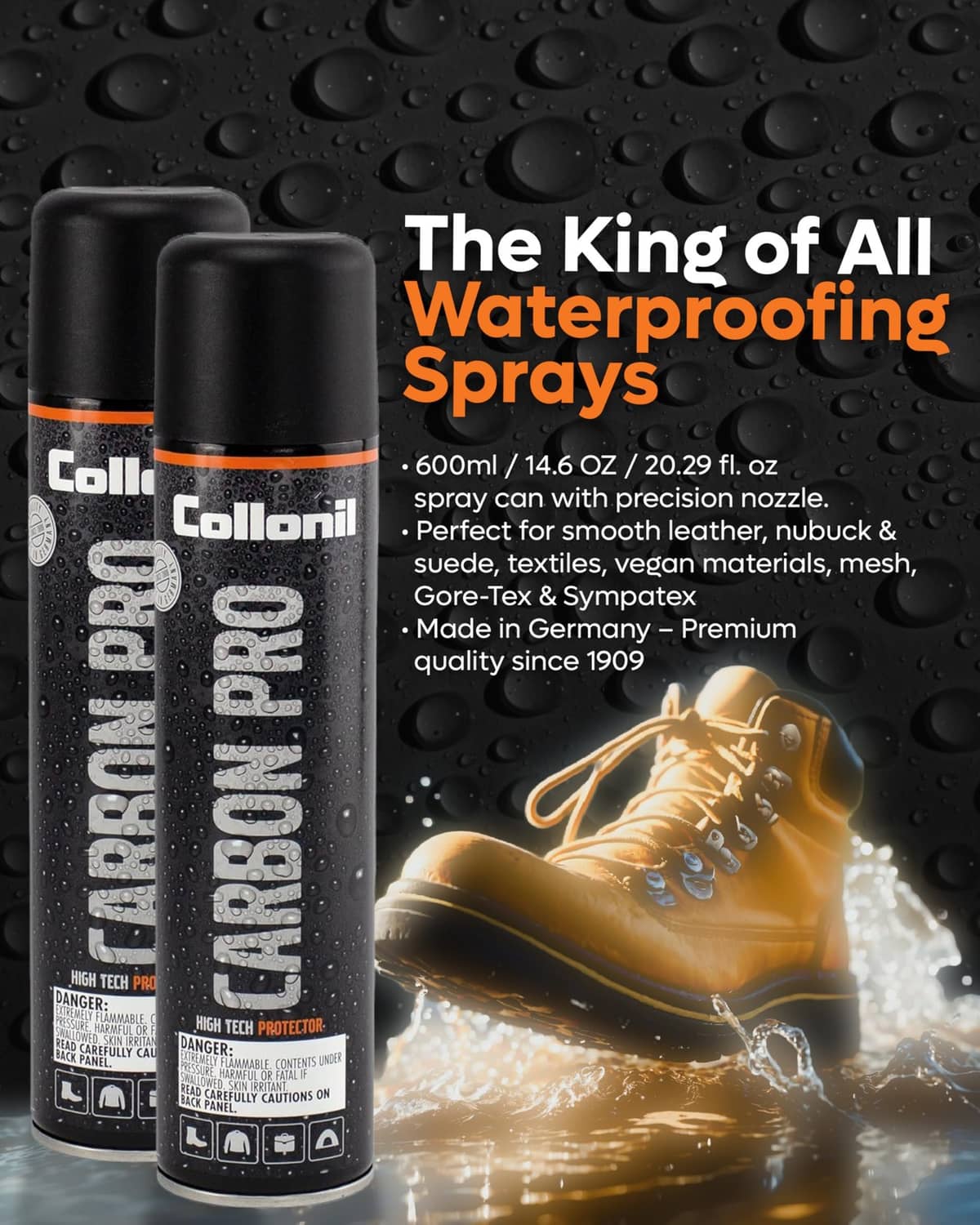 Collonil Carbon Pro XXL clear shoe protector spray cans, black bottles
