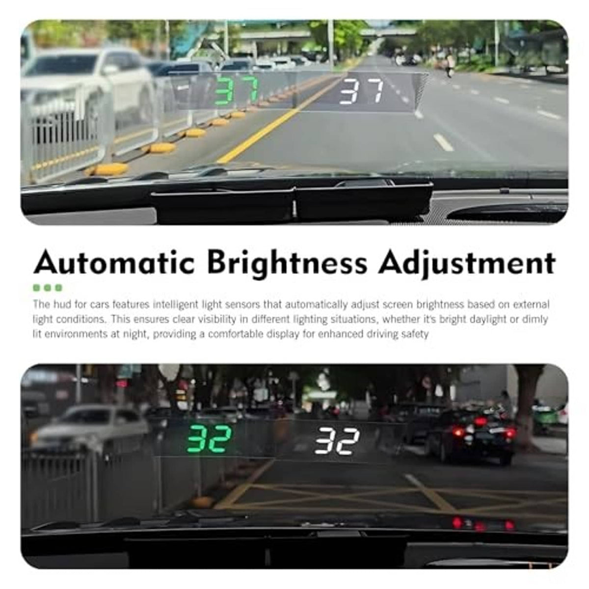 Car heads-up speedometer projection with two sets of green digits on the windshield