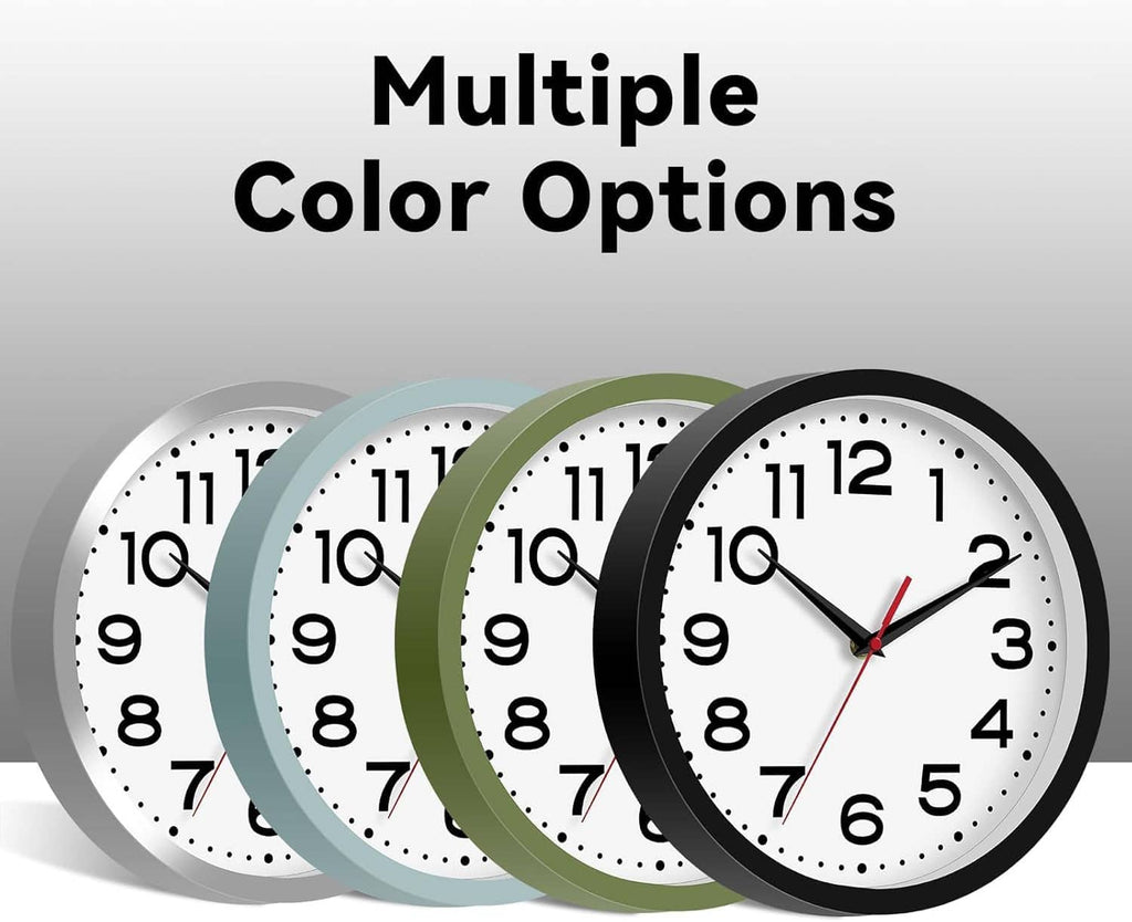 Wall clock color options set with white dials and black, gray, and green frames