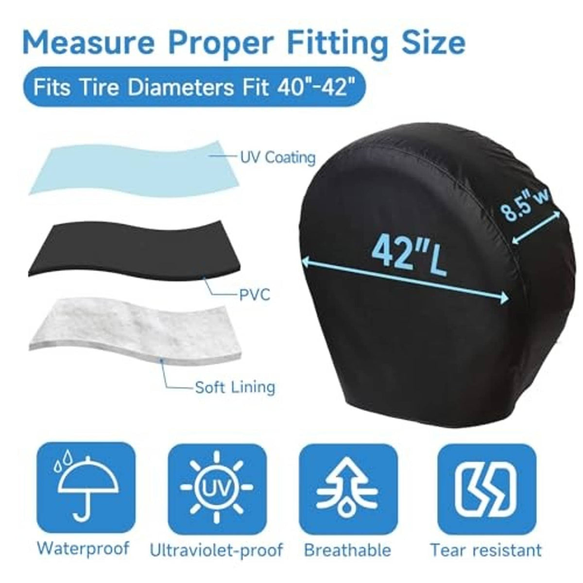 Black tire cover with elastic opening and soft inner lining