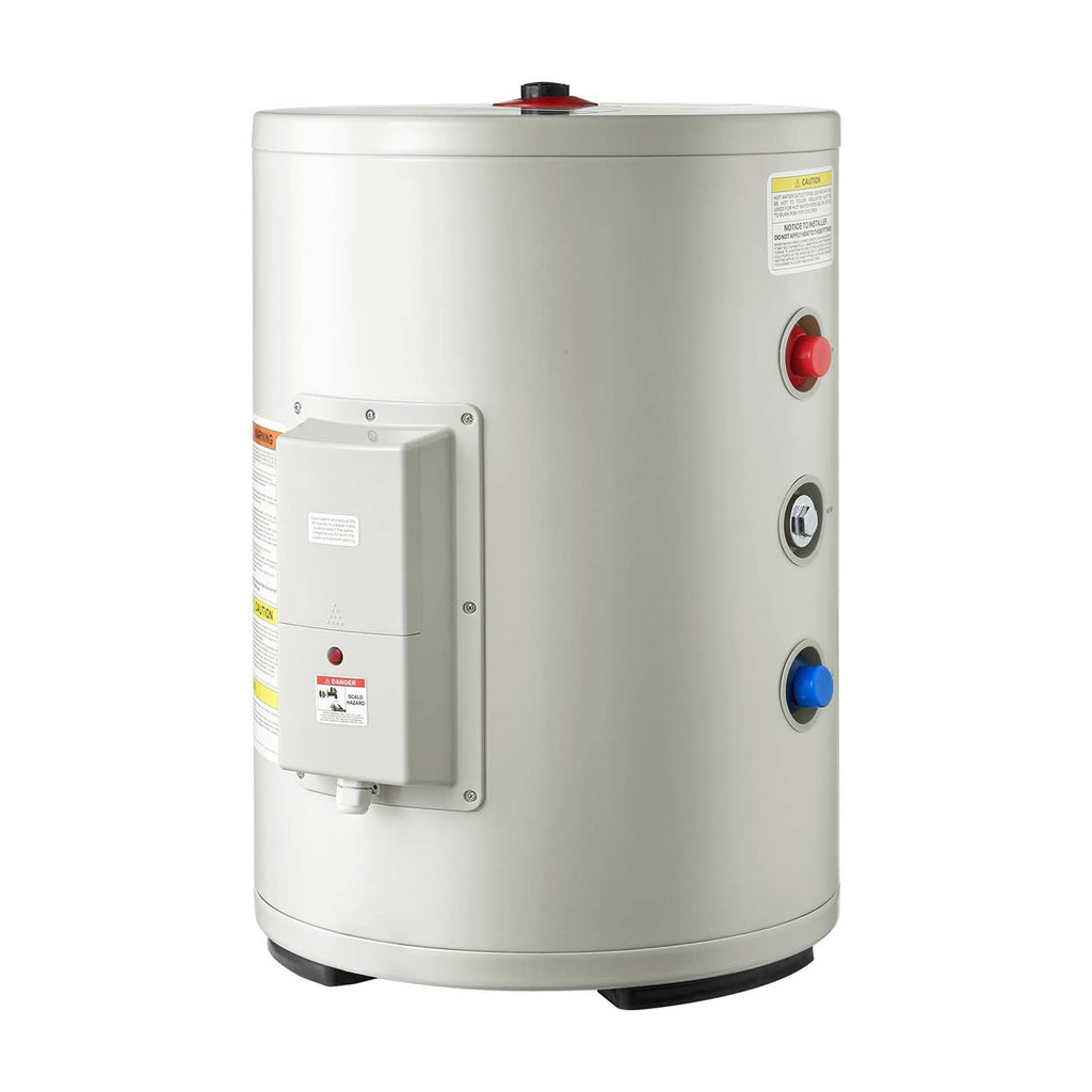 White electric water heater tank with red and blue temperature control dials