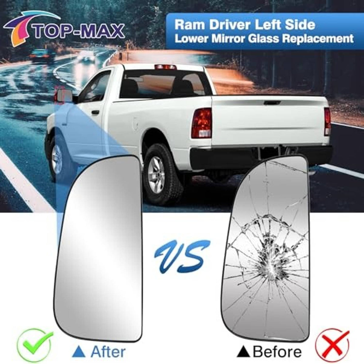 Left side lower mirror glass replacement shown with before and after comparison