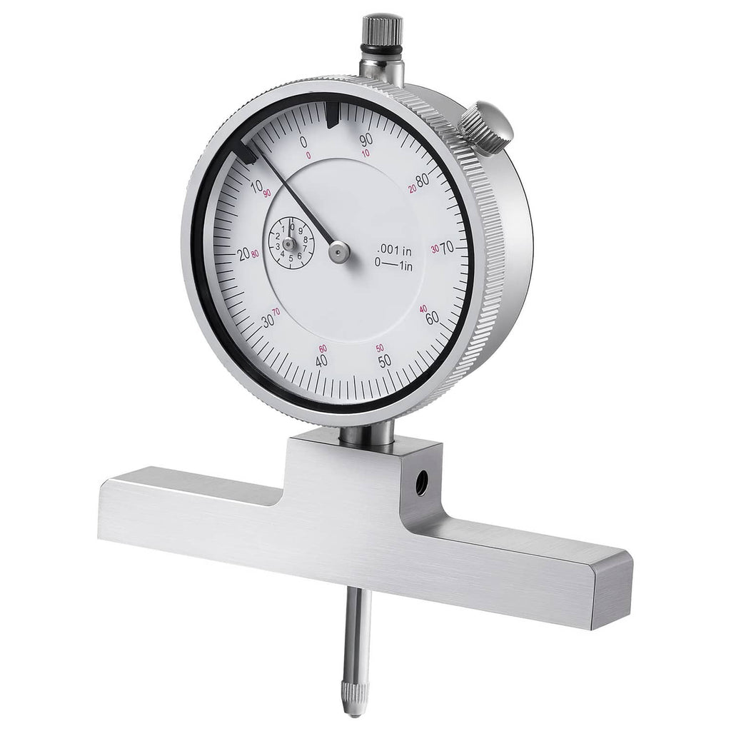 Depth gauge micrometer with large dial, metal anvil plate, and extension rod