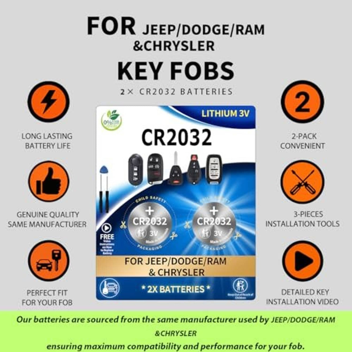 CR2032 key fob battery 2-pack with lithium 3V label and included installation items