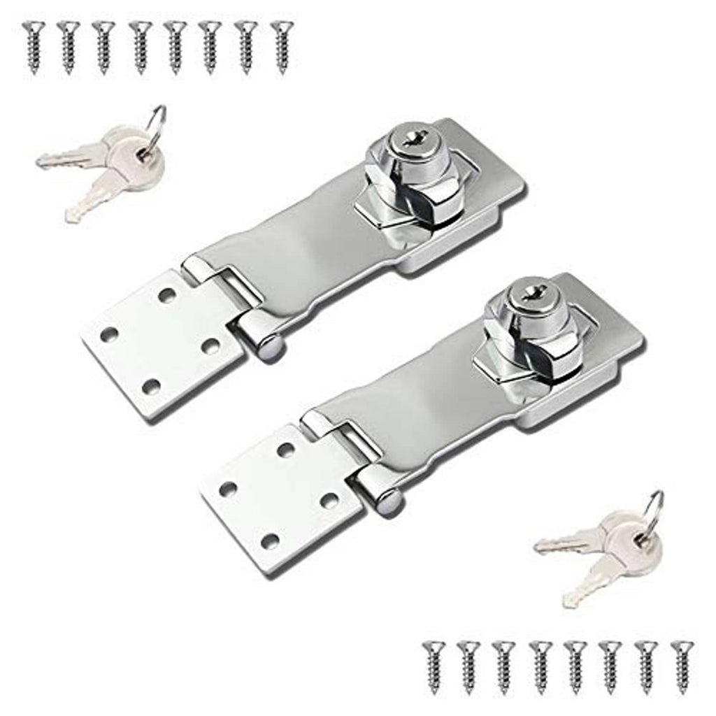 Two keyed hasp locks with twist knobs, includes keys and screws, silver metal