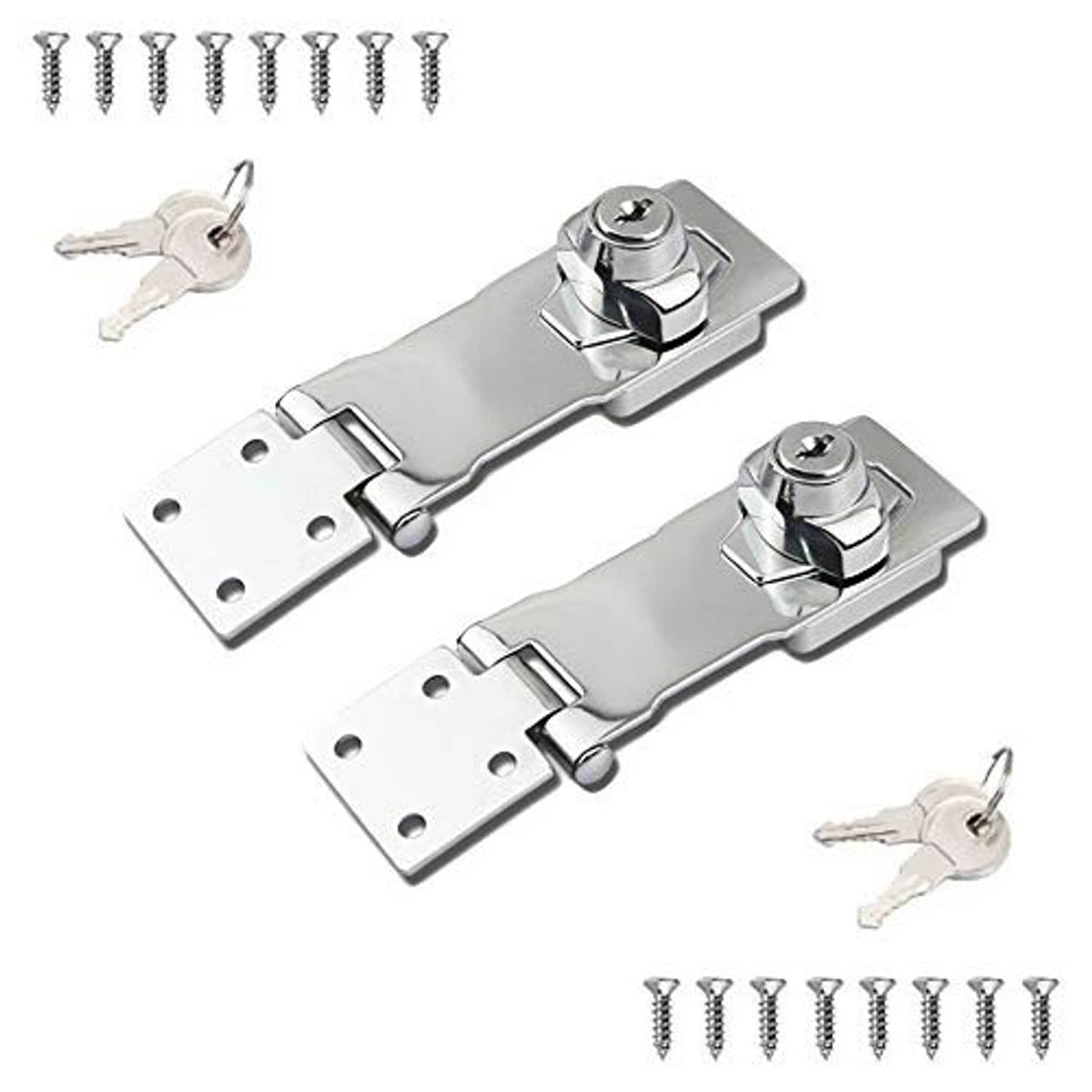 Two keyed hasp locks with twist knobs, includes keys and screws, silver metal