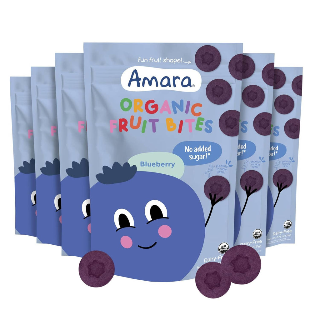 Amara Organic Fruit Bites blueberry snack pouch pack, front bags with berry illustrations