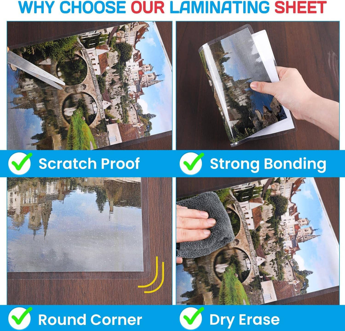 Clear thermal laminating sheet showing scratch-resistant, strong bonding, and dry erase