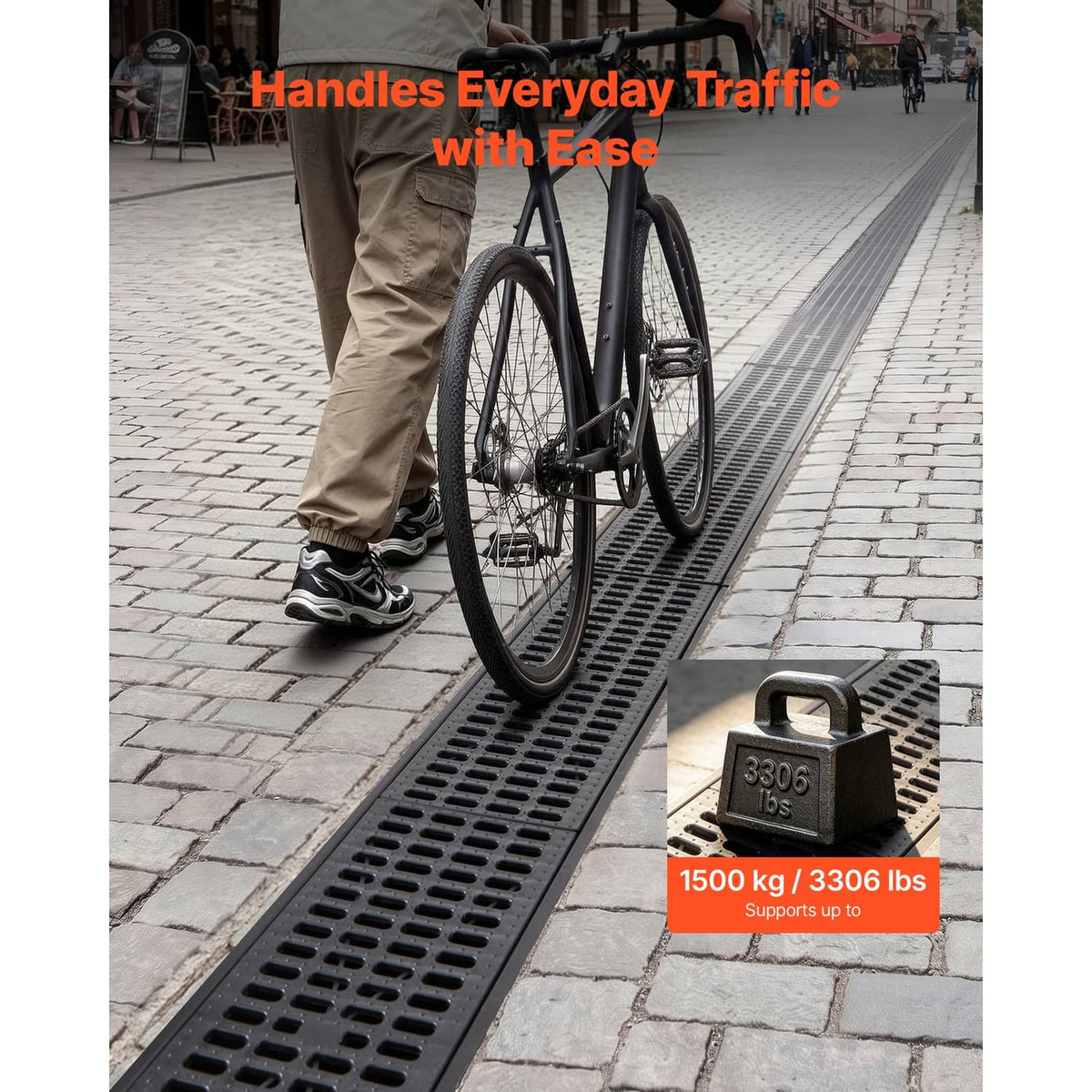 Black linear drainage channel in walkway for everyday traffic drainage