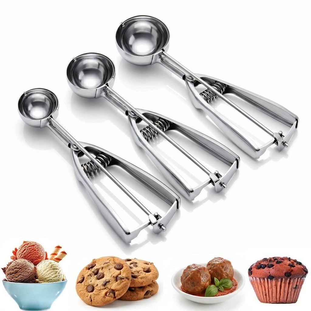 Stainless steel ice cream and cookie scoop set, three silver scoops