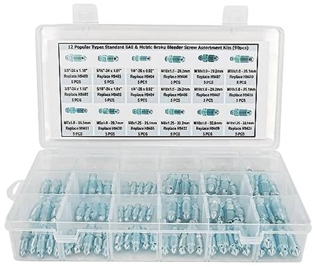 Open brake bleeder screw assortment kit with SAE and metric bleeding screws, 90 pcs