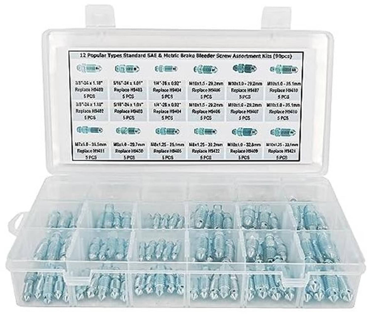 Open brake bleeder screw assortment kit with SAE and metric bleeding screws, 90 pcs