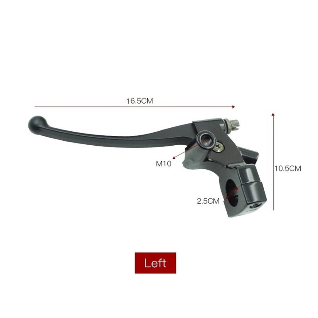 Left motorcycle clutch lever perch with black lever and mounting hardware, size marked
