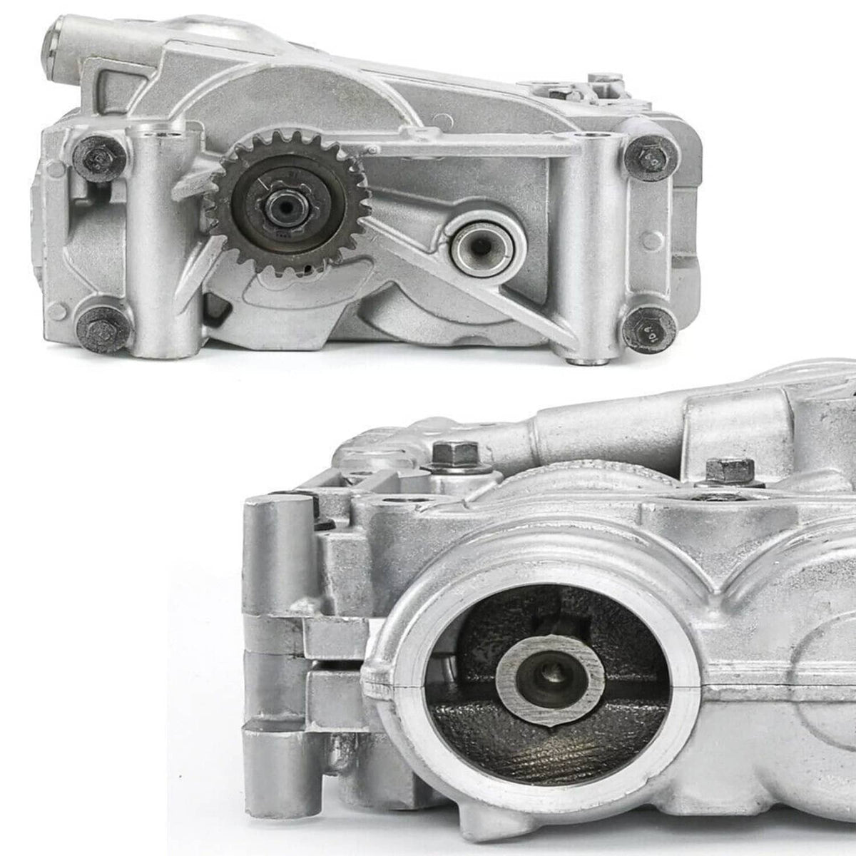 Shaft balance oil pump assembly, side views showing ports and round inlet opening
