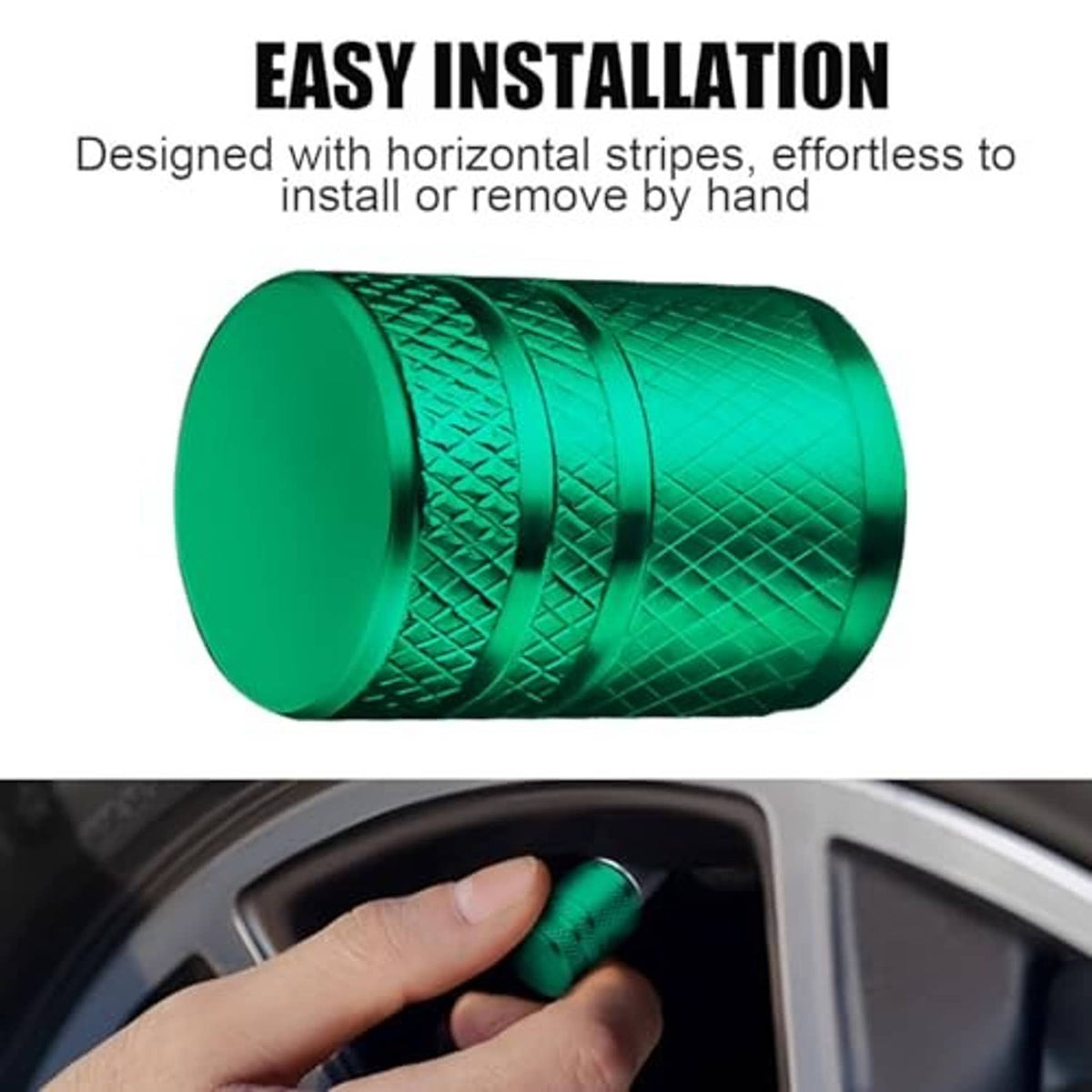 Green metal tire valve stem cap with textured grip stripes and wide open end