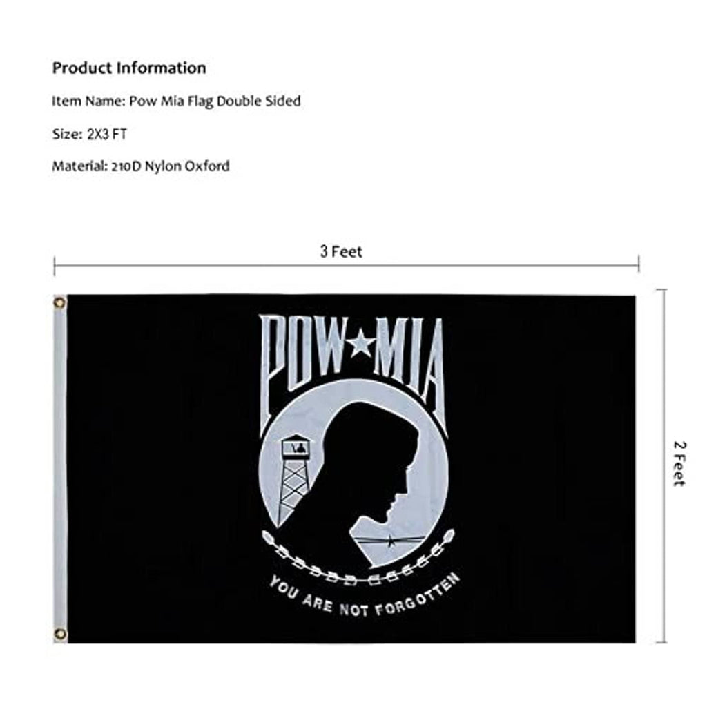 Black POW*MIA double-sided outdoor flag, 2x3 ft; embroidered emblem centered