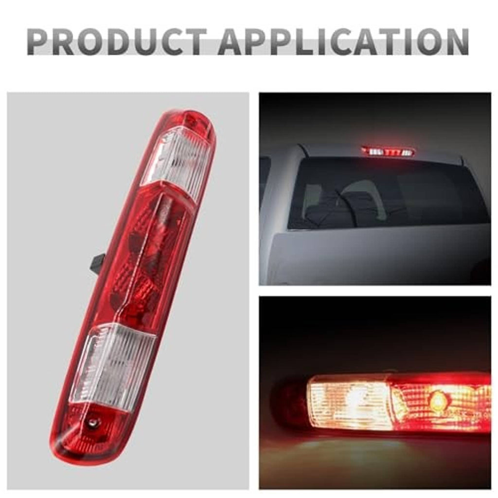 Slim red third brake light assembly with clear lens inserts and mounting base