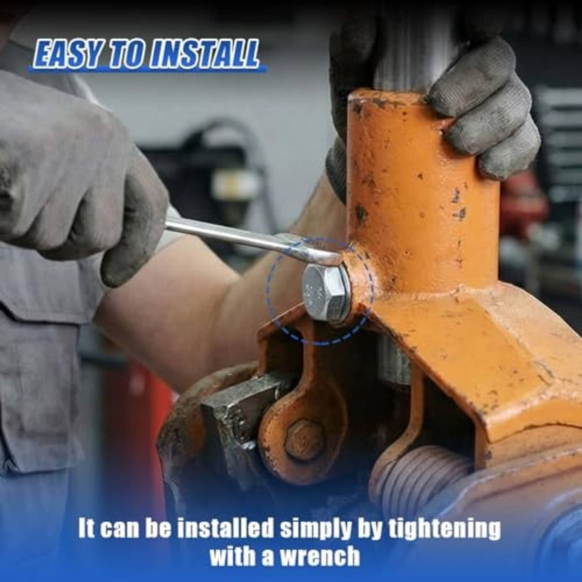 Car jack handle bolt being tightened on a jack crossbar with a wrench