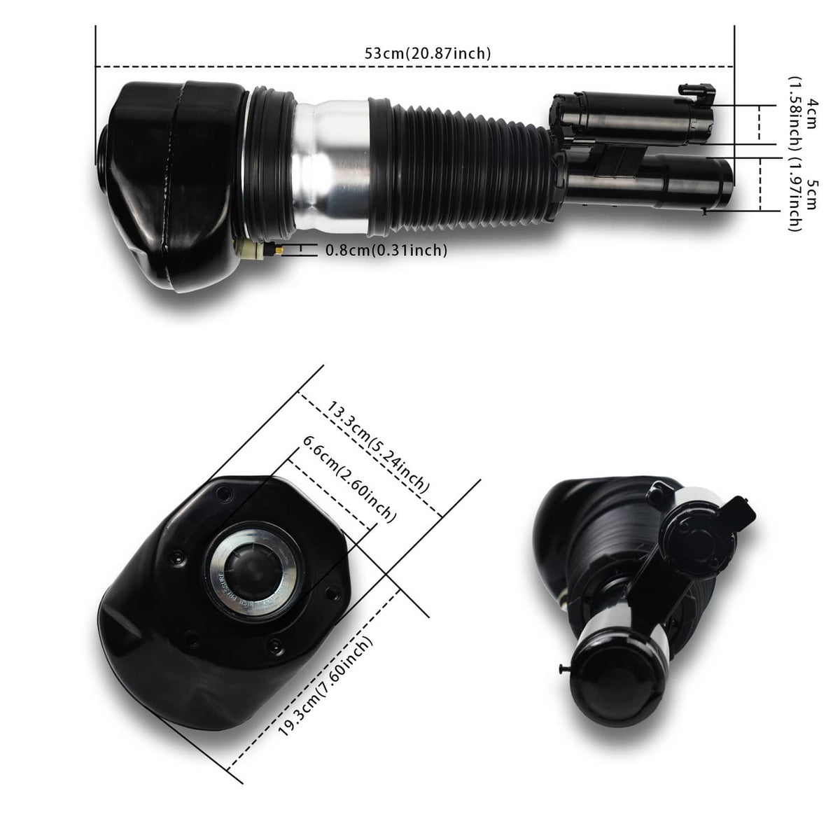 Front air suspension strut with black mount and bellows, with size diagram