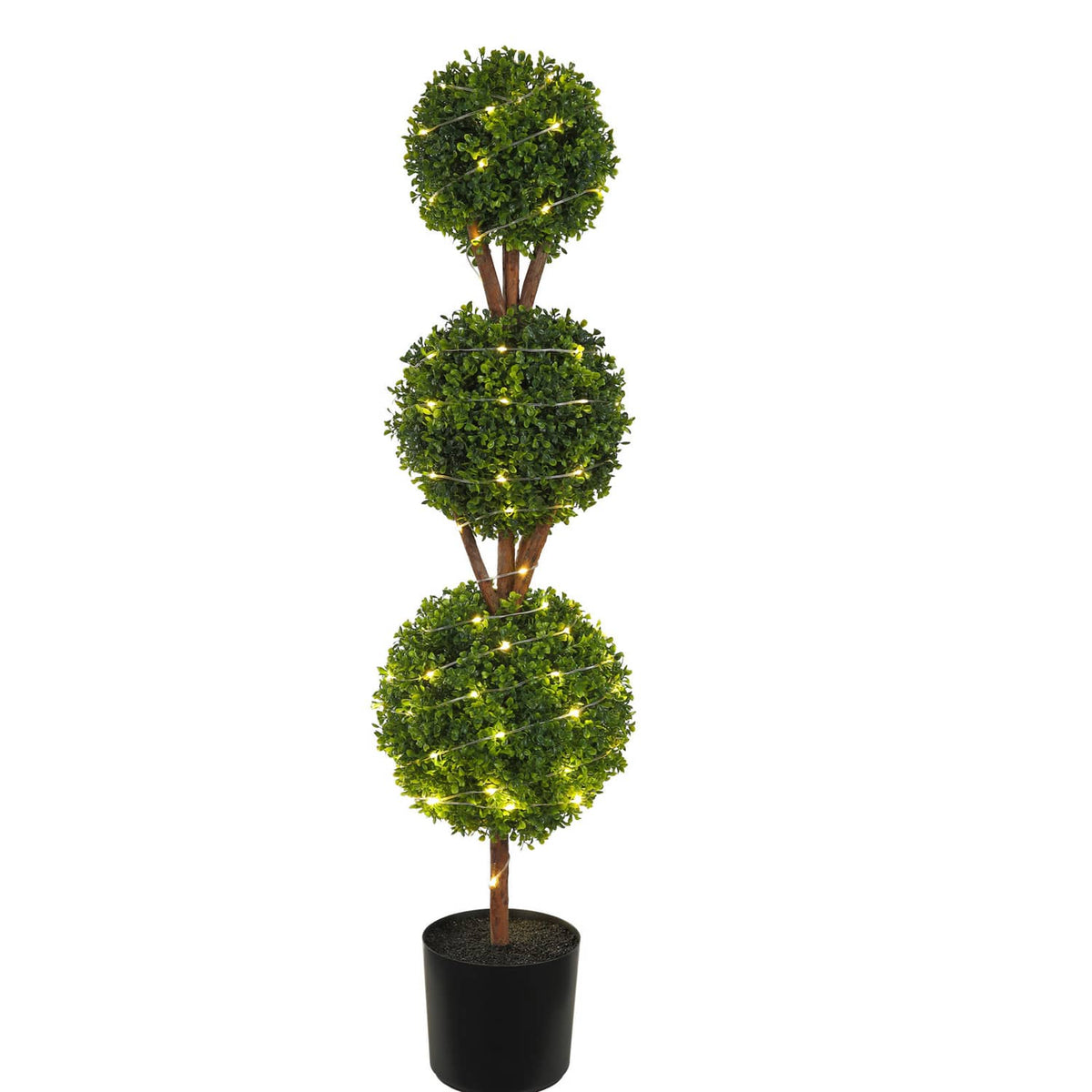 LED-lit artificial topiary tree with stacked round green foliage in black planter pot