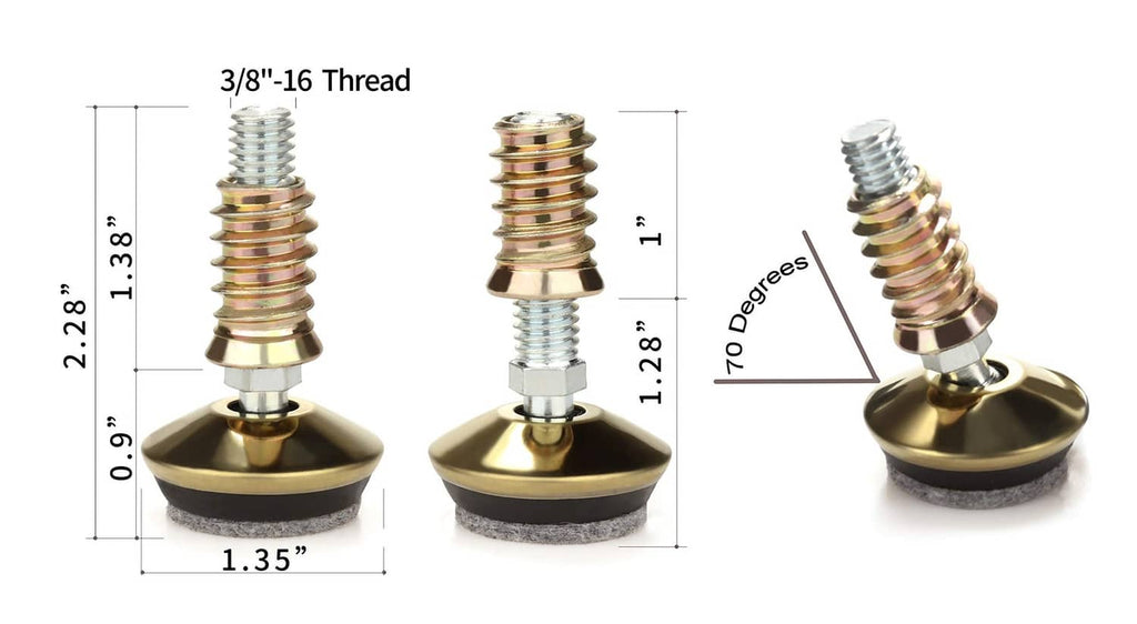 Swivel furniture leveler shown with gold base and silver threaded stem