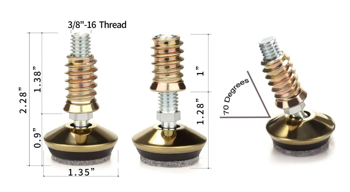 Swivel furniture leveler shown with gold base and silver threaded stem