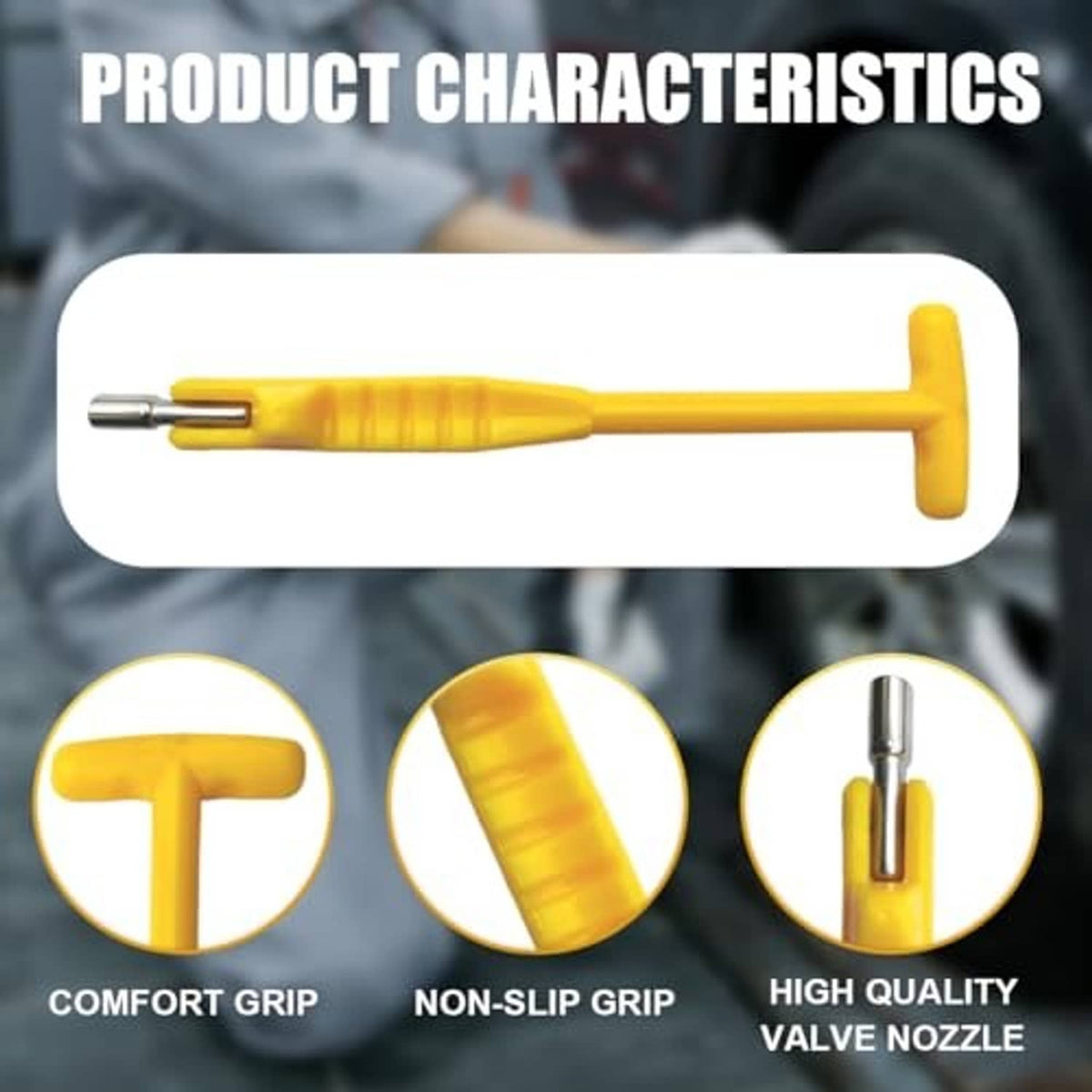 Yellow T-handle valve stem puller tool with metal nozzle tip