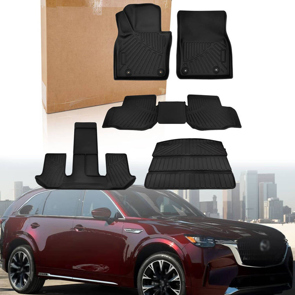 Black all-weather floor mat and cargo liner set with raised channels for Mazda CX-90