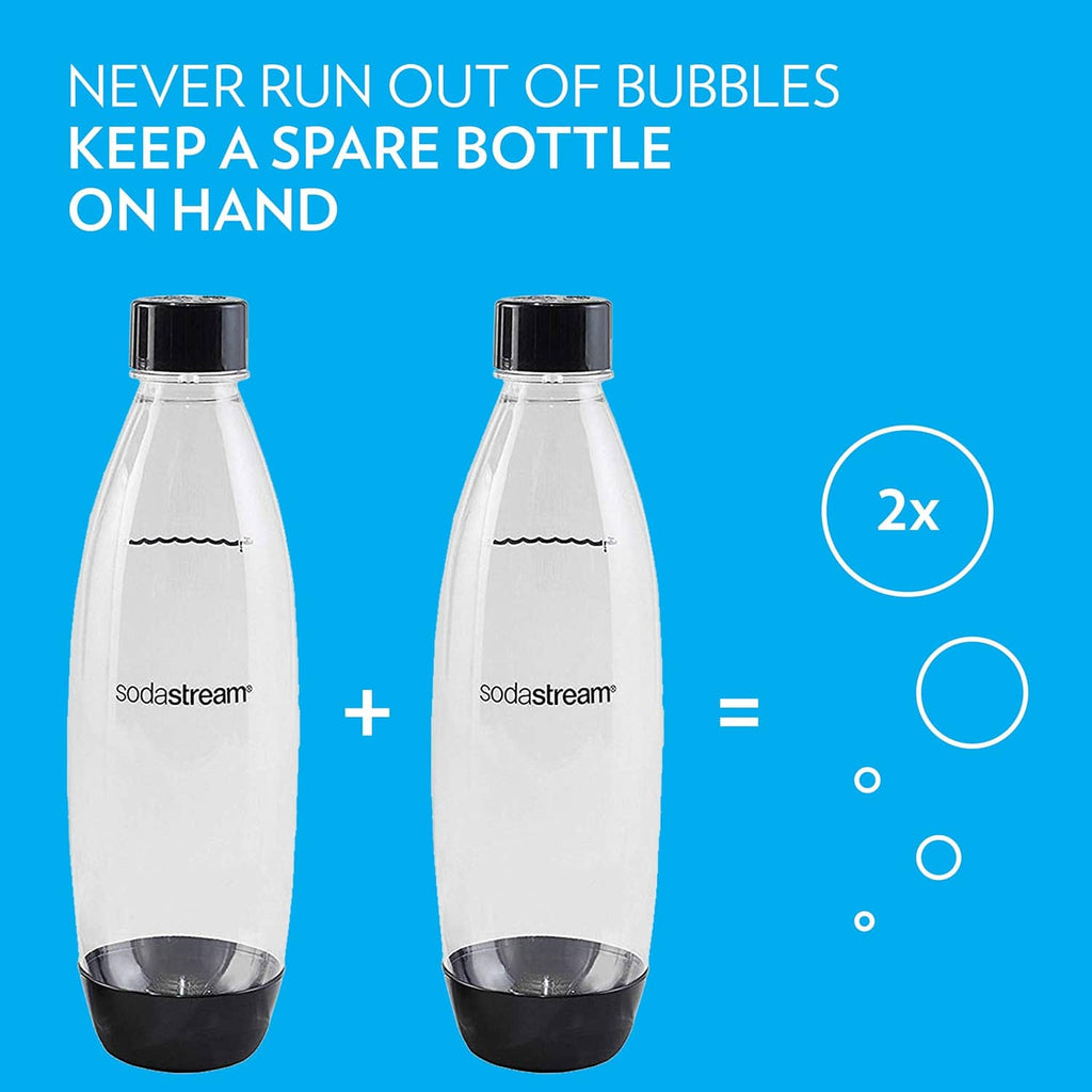 Two SodaStream slim clear carbonating bottles with black caps