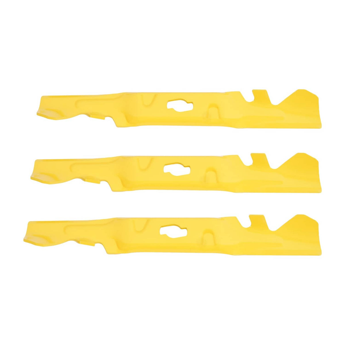 Yellow mulching mower blades set with center notch holes, three-pack