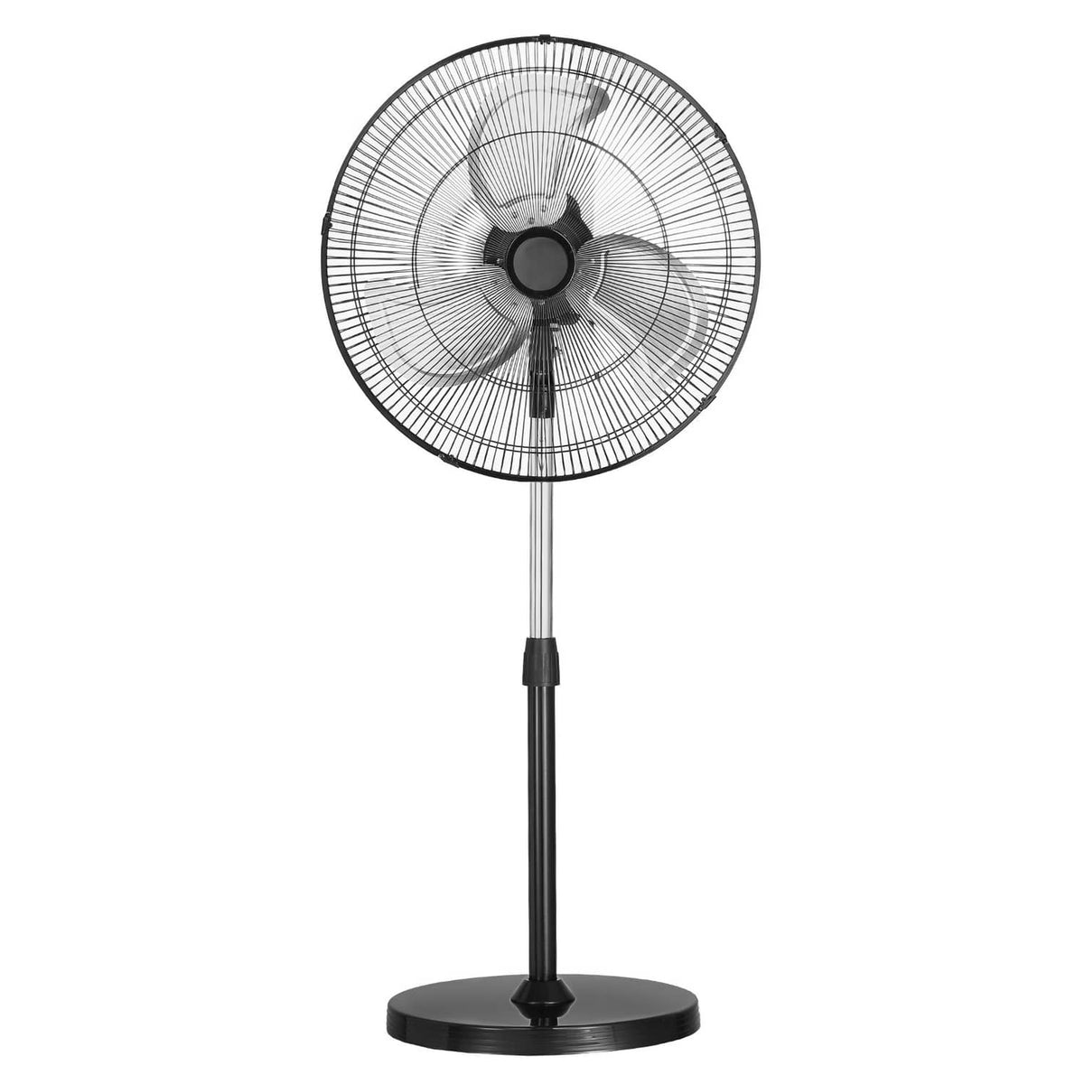 Front-view pedestal fan with round mesh grille, three blades, and pedestal base