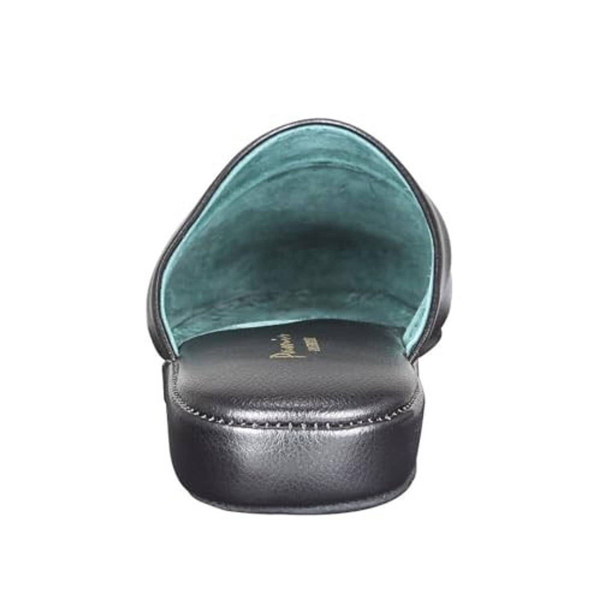 Black leather scuff slipper top view with teal lining and gold “Premium” logo