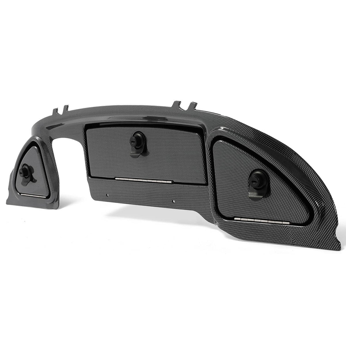 Black carbon-fiber-look dash cover with center latch slot and side speaker-style cutouts