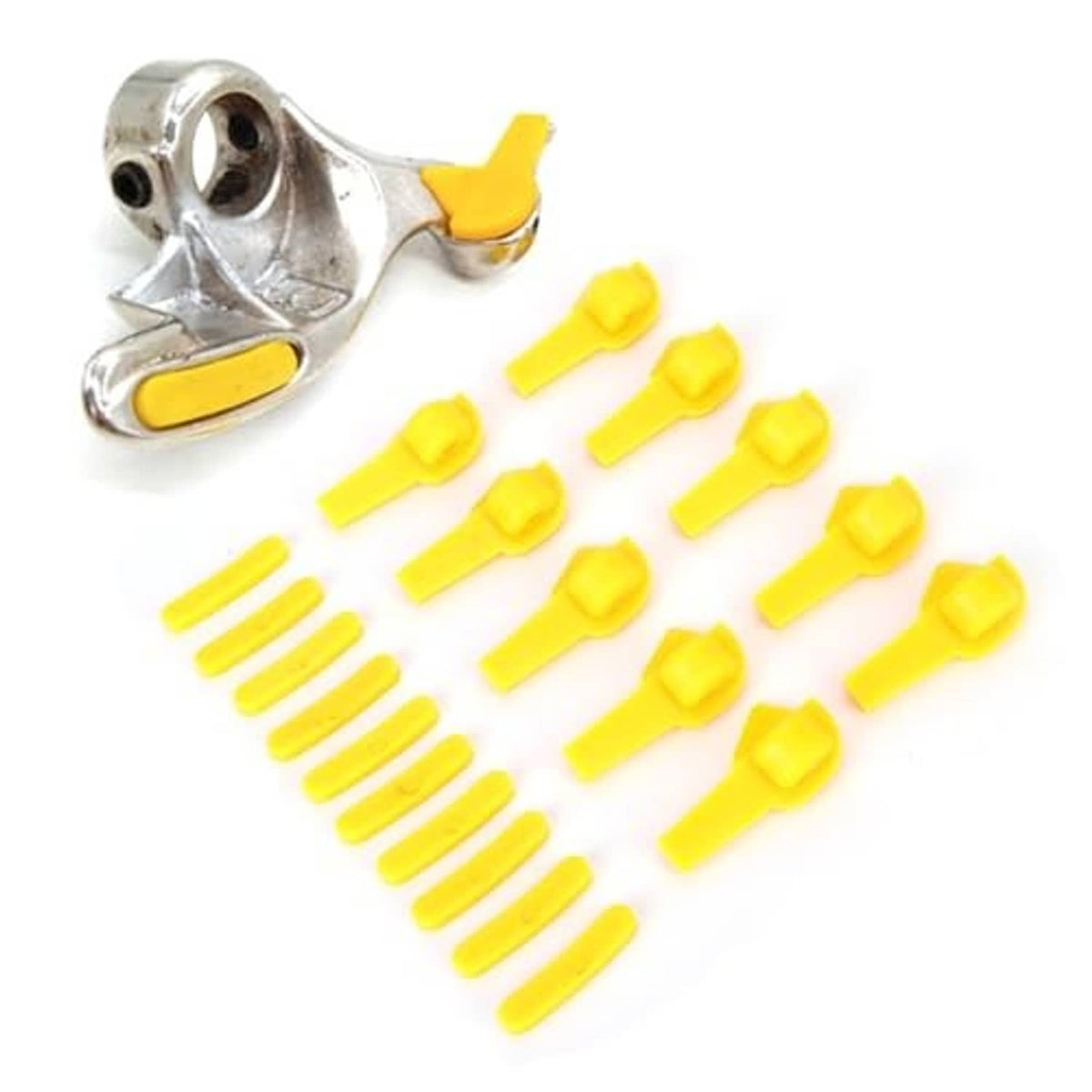 Metal tire changer head with yellow demount tools and pry bar attachments, set shown
