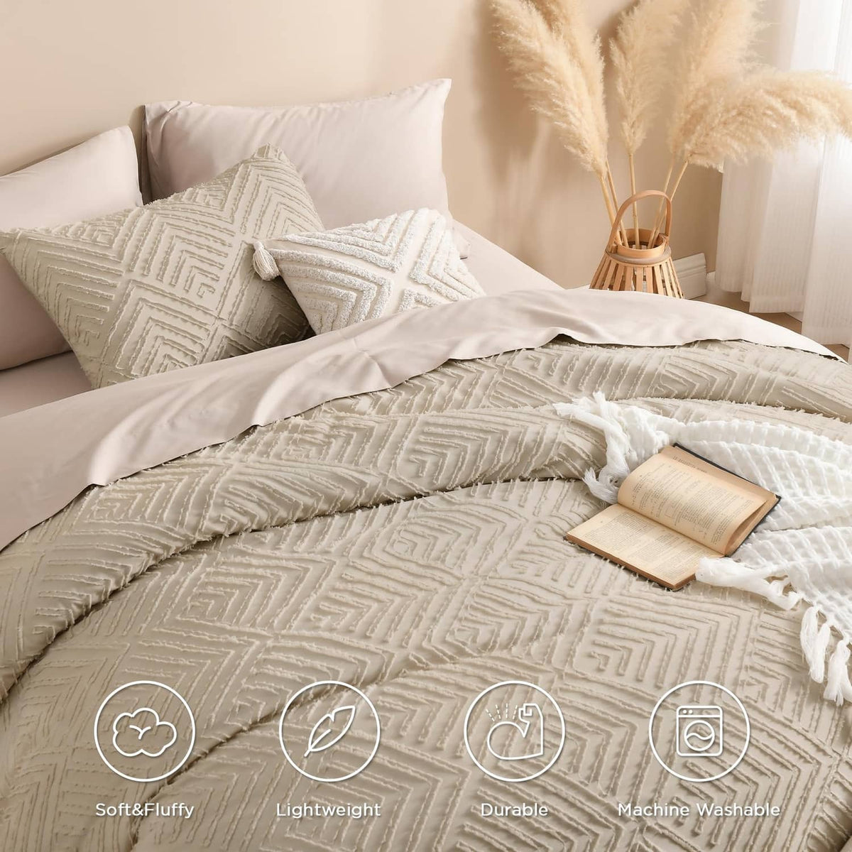 Light beige comforter set with geometric pattern, fringe trim, and decorative pillows