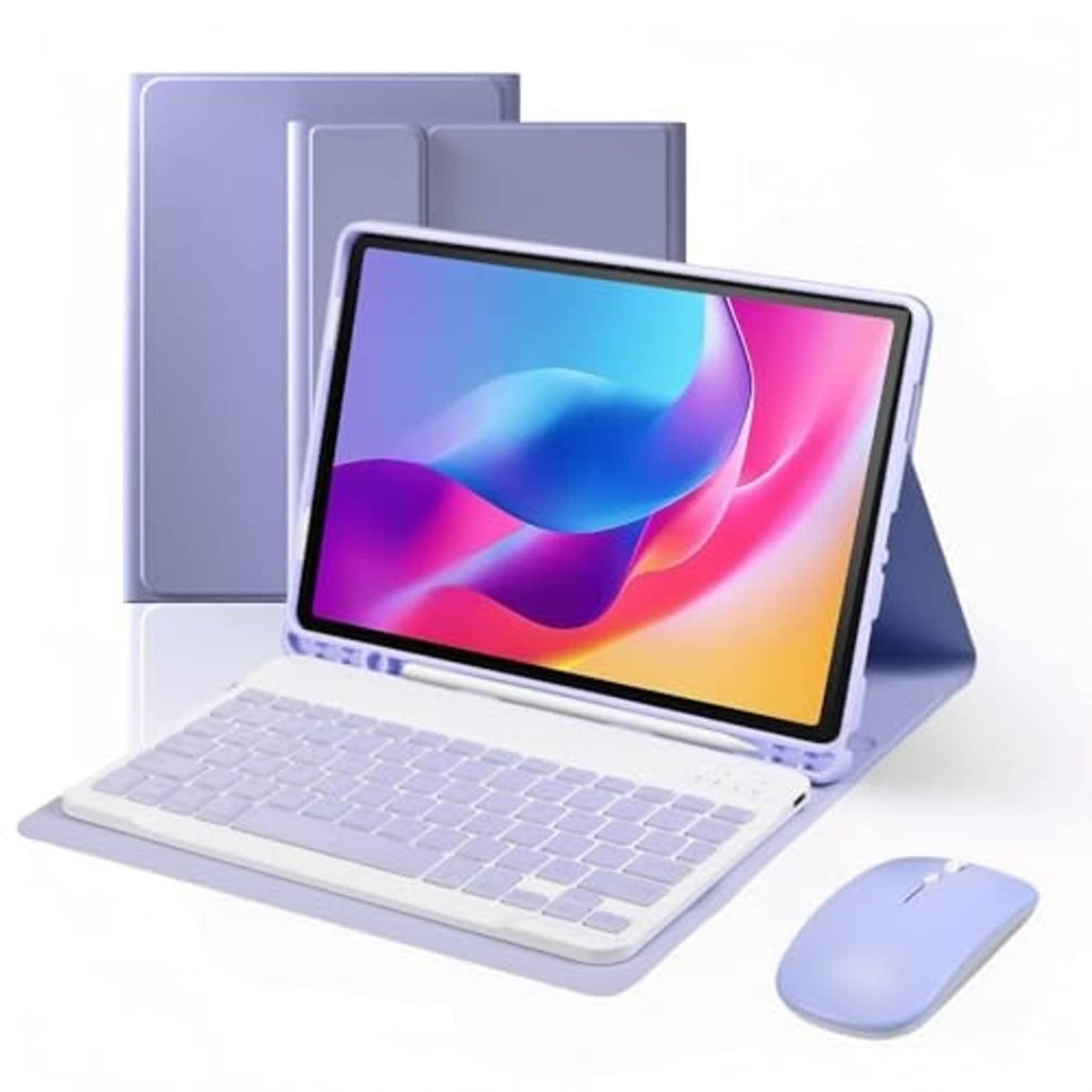 Purple tablet keyboard case with front cover stand and wireless mouse