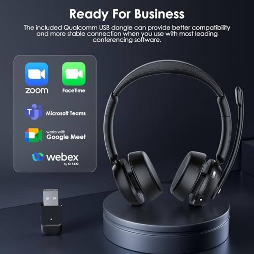 Black wireless headset with USB dongle on charging base