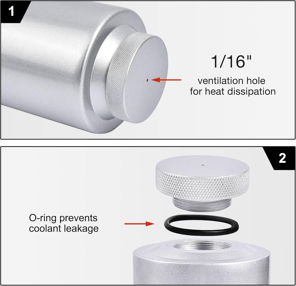 Aluminum coolant catch tank with textured top and ventilation hole on end cap