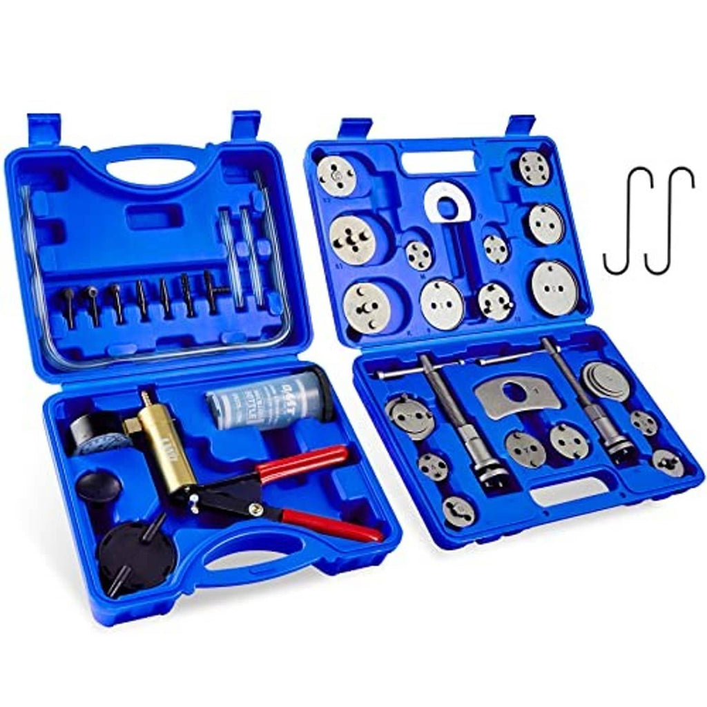 Open blue case showing brake caliper compression tool pieces and bleeder adapters