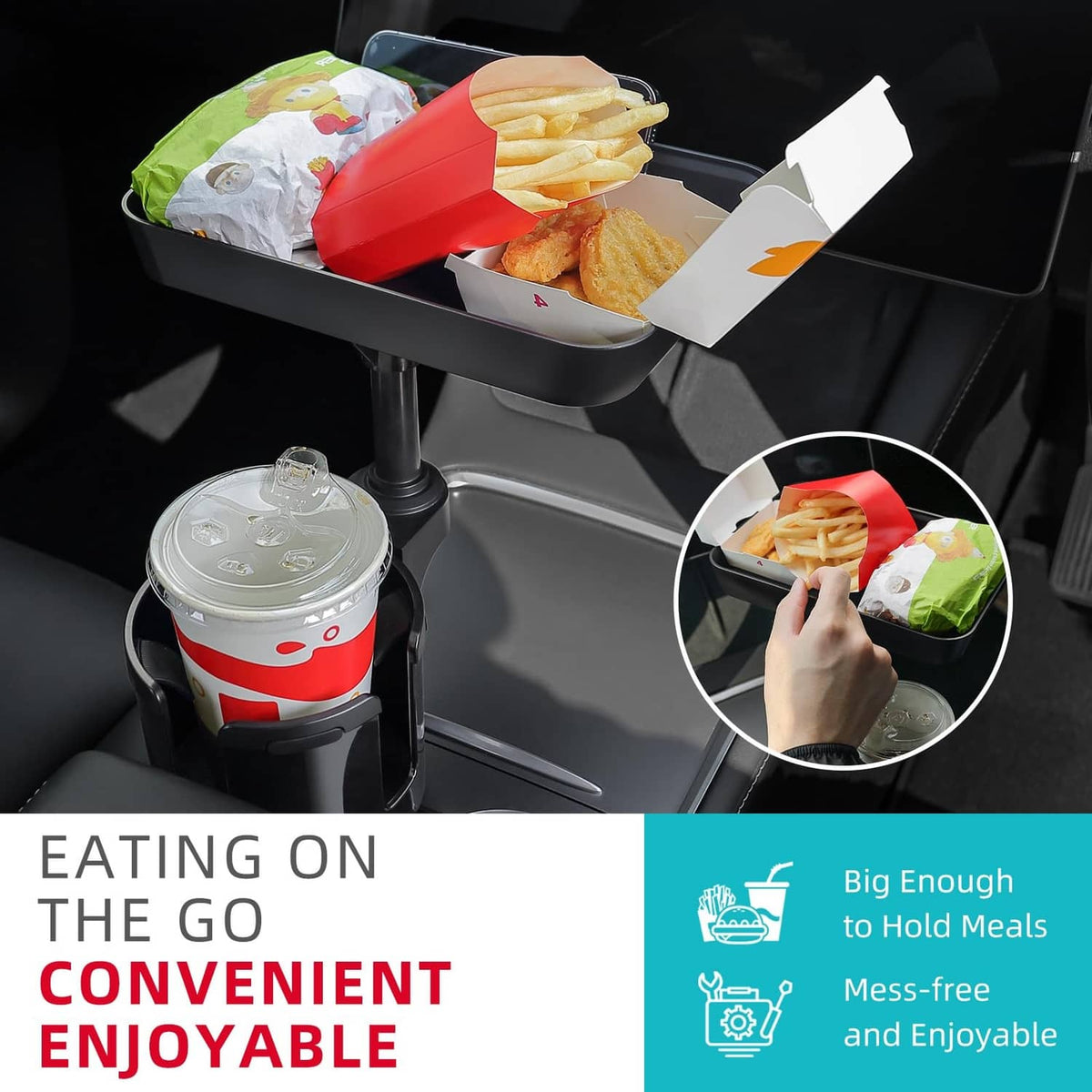 Black car cup holder tray holding snack containers and drink cup