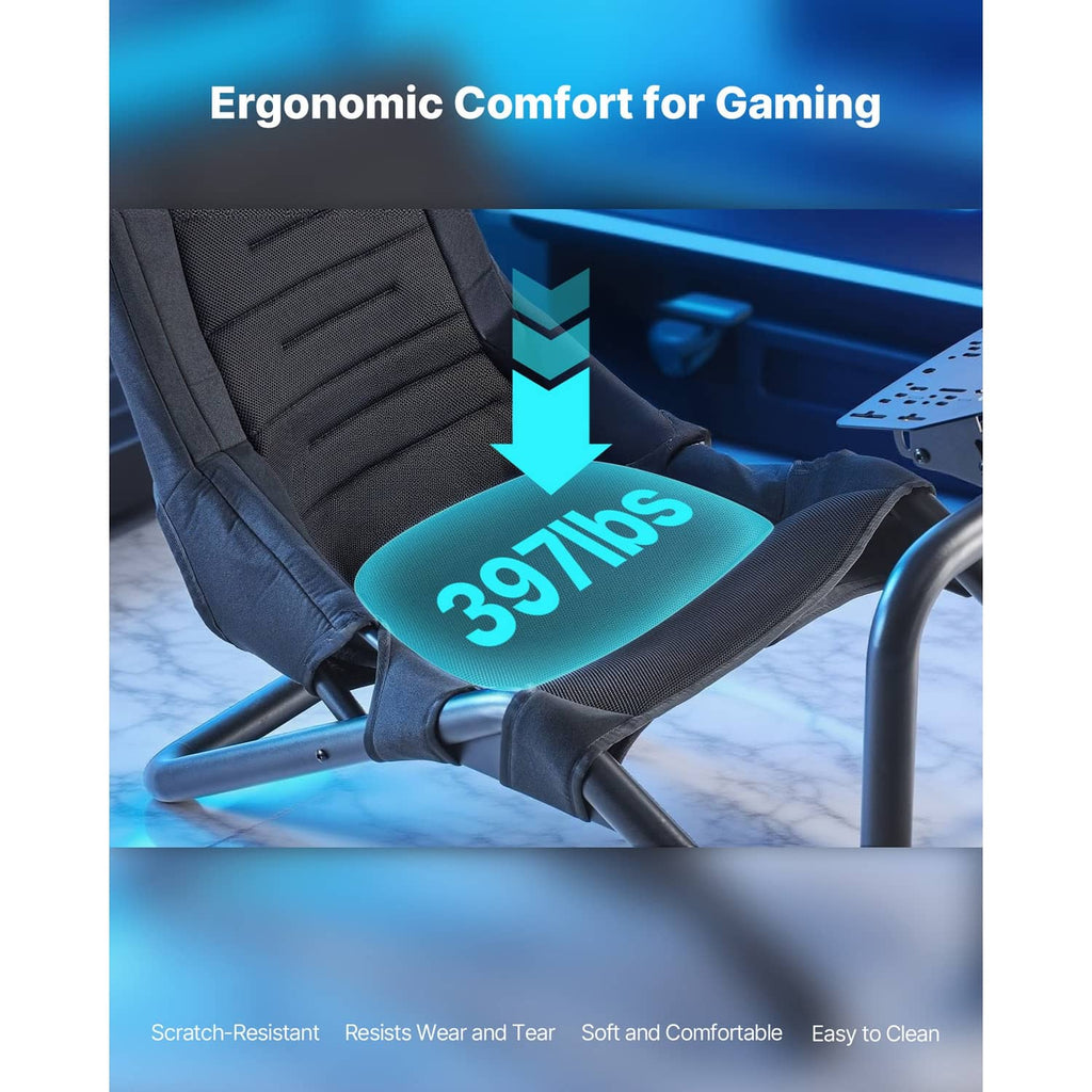 Ergonomic black racing simulator seat cushion on metal frame with pedal plate.